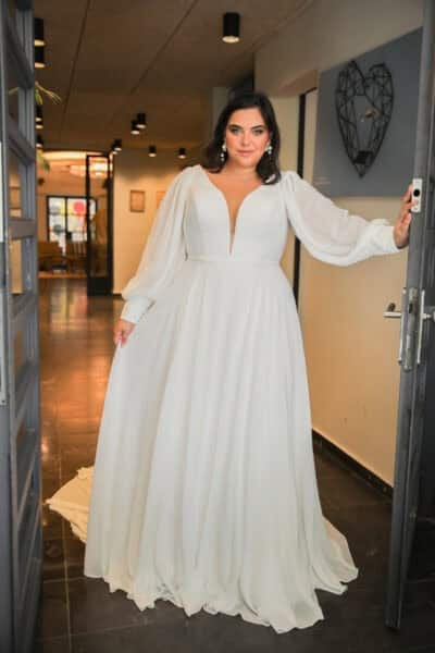 London Sunset A-Line Wedding Dress with Plunging Neckline and Bishop Sleeves
